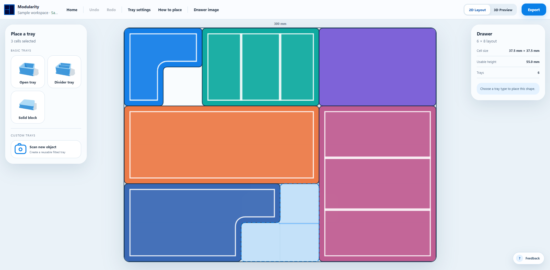 The Modularity editor showing a complete colorful organizer layout